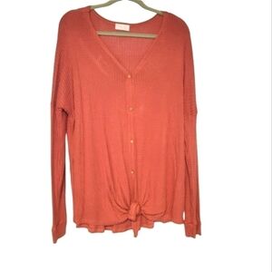 Pink Lily Womens Dusty Rose Waffle Knit Tie Waist Long Sleeve Button Top Size XL